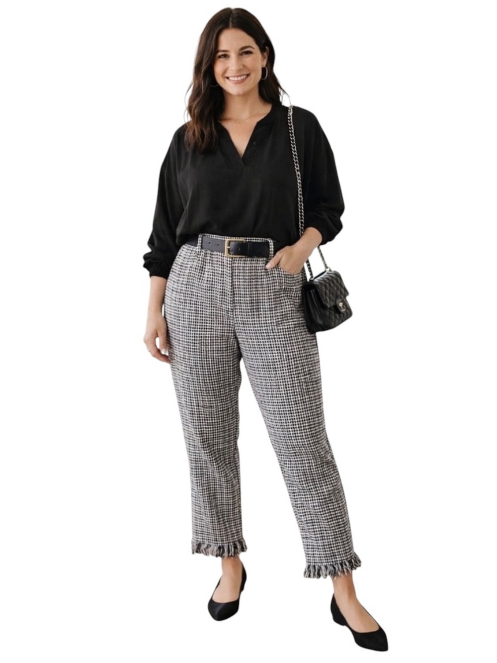 Free People Houndstooth Fringe Hem Pants Size 12 NWT Black White Preppy - Picture 8 of 10